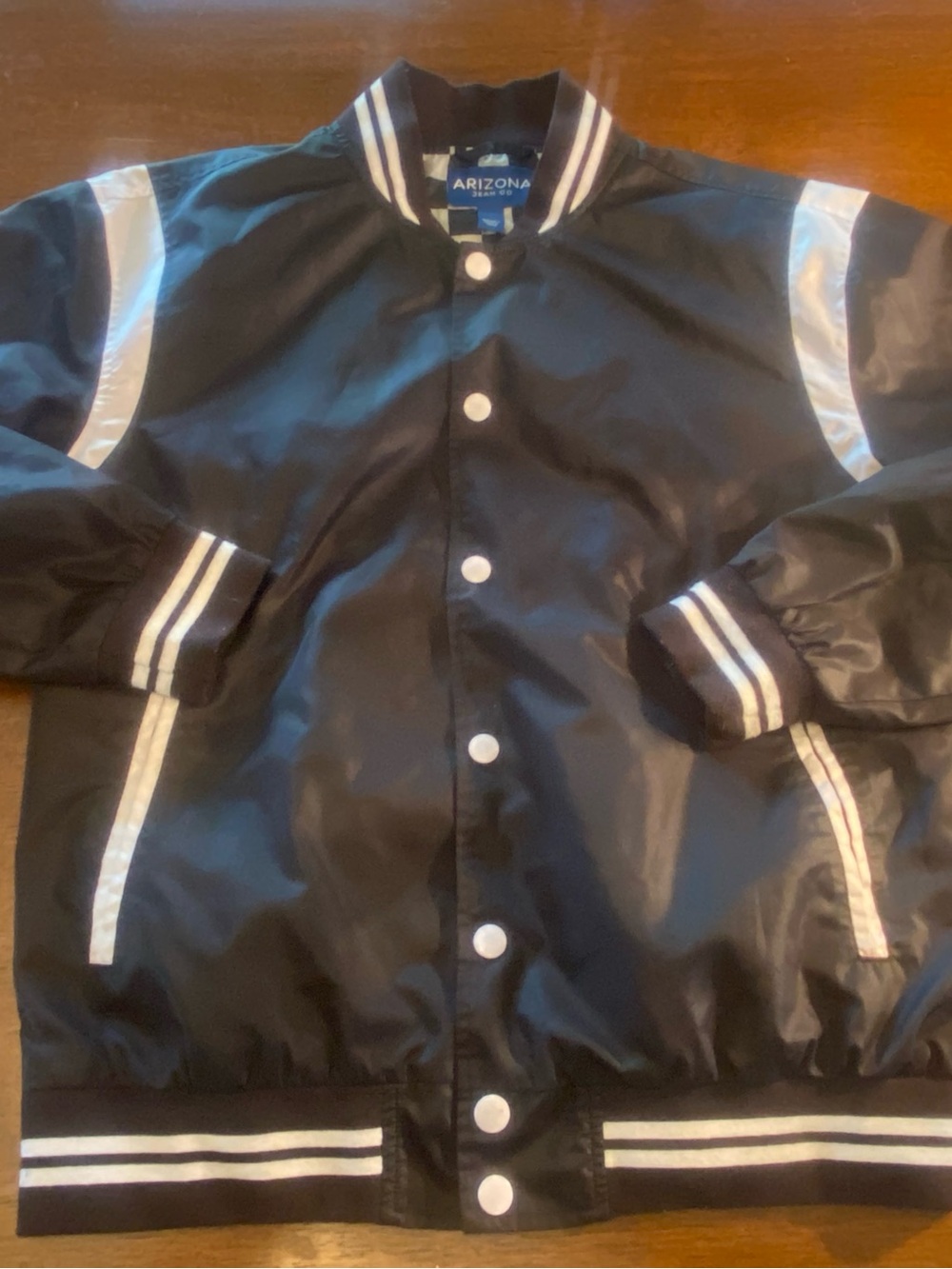 Arizona Jean Co Mens Medium Black Varsity Bomber Jacket Checkered Lining Snap